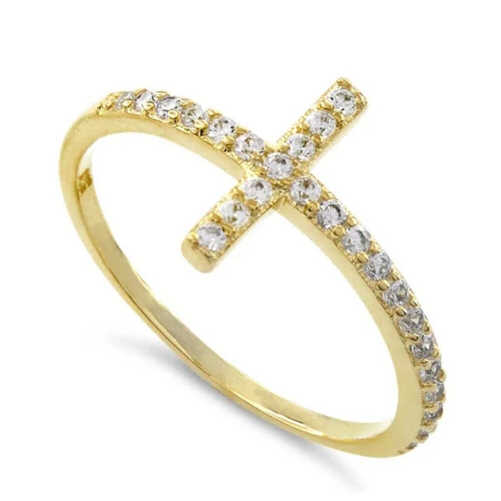14k Yellow Gold Vermeil Sideways Cross Ring Sparkling CZ Pave Band New